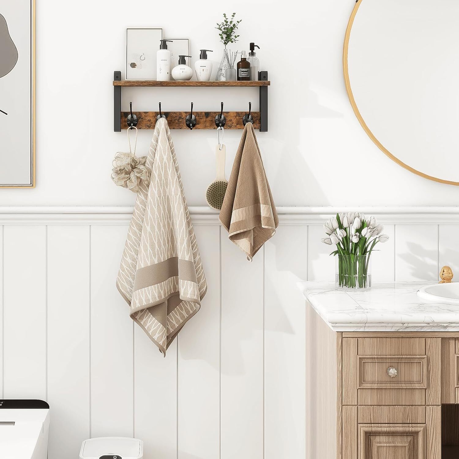 Wooden Wall-Mounted Coat Hanging Rack with Shelf and Hooks, Rustic - Brown Black