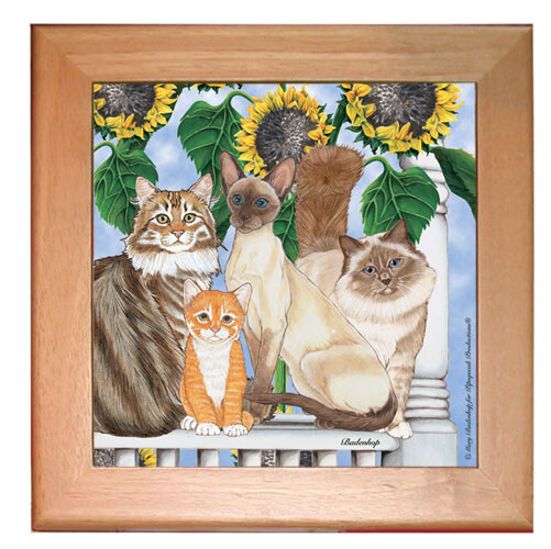 Cat Kitchen Ceramic Trivet Framed in Pine 8" x 8"