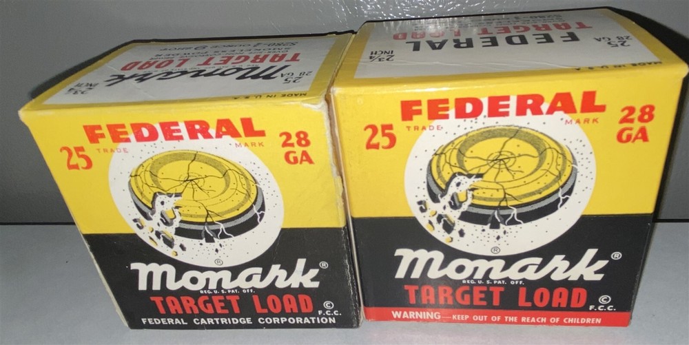 2 Variations Federal 28 Gauge Monark Target Load shotgun shell boxes EMPTY