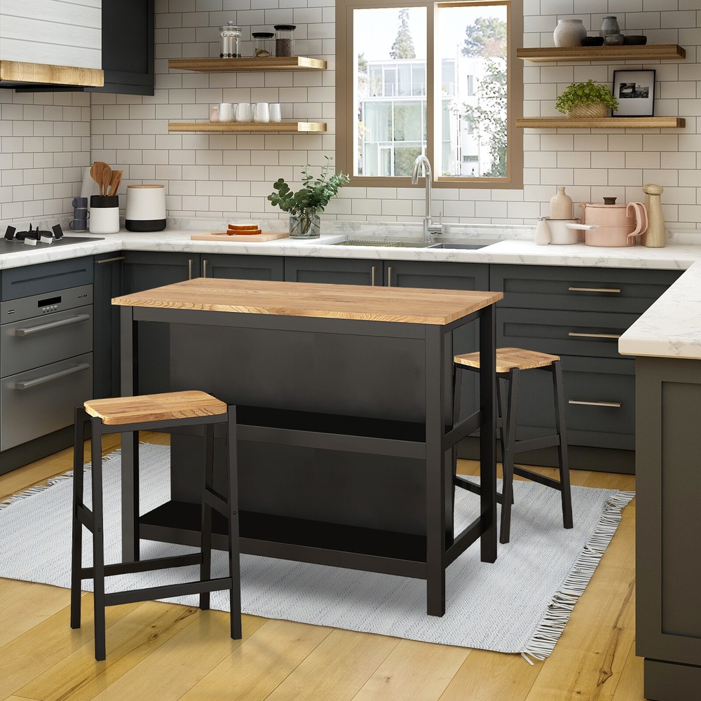 3PCS Dining Table Set Rustic Retro Breakfast Table Dining Stools with 2 Shelves