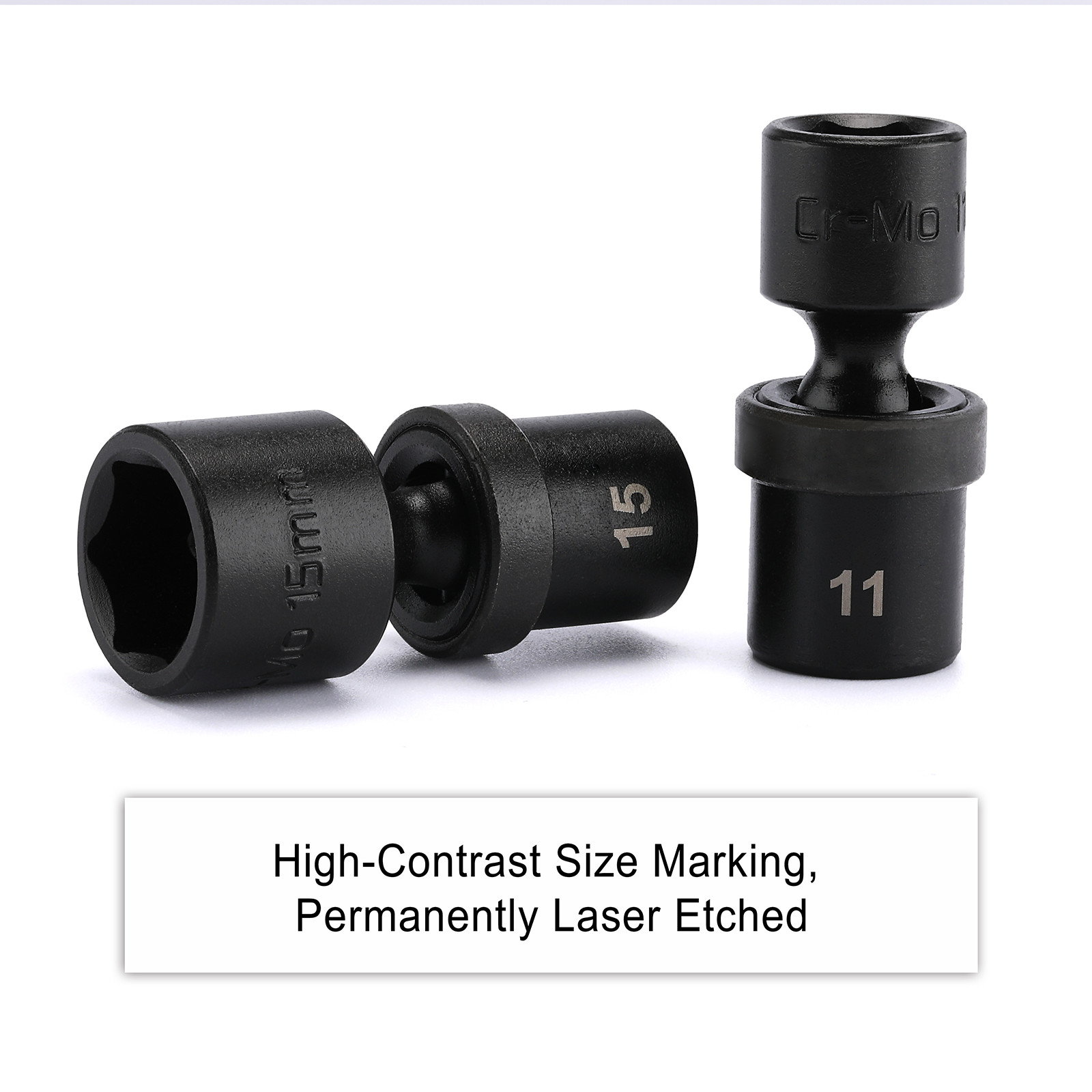 12pcs 1/4-Inch Impact Socket Set Metric 5mm to 15mm 6-Point Cr-Mo Swivel Socket