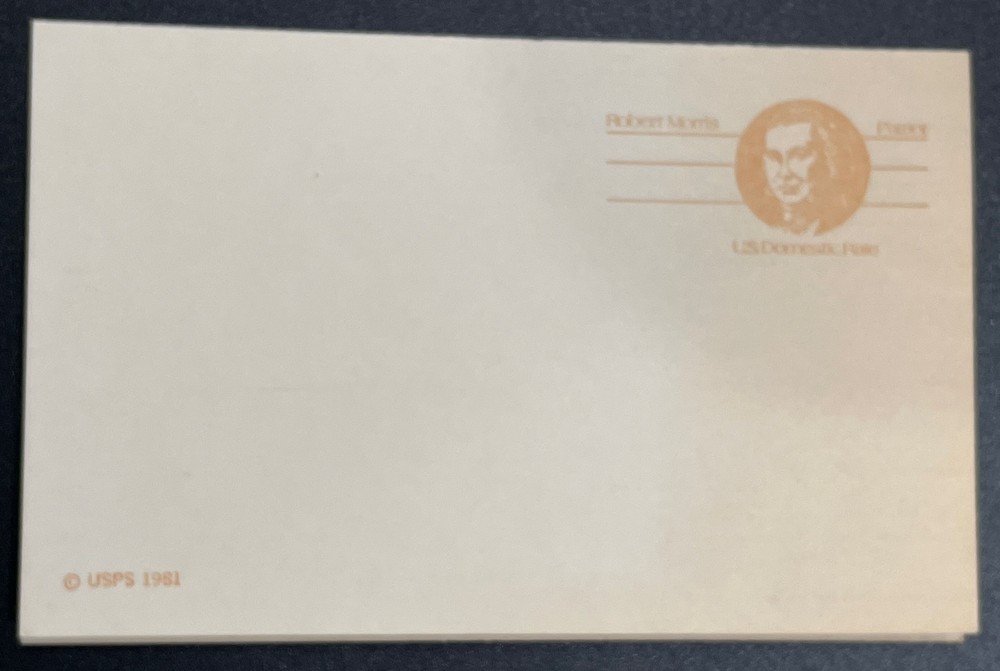 US Scott UY33 Postal Reply Postcard; Robert Morris; Unused; Attached