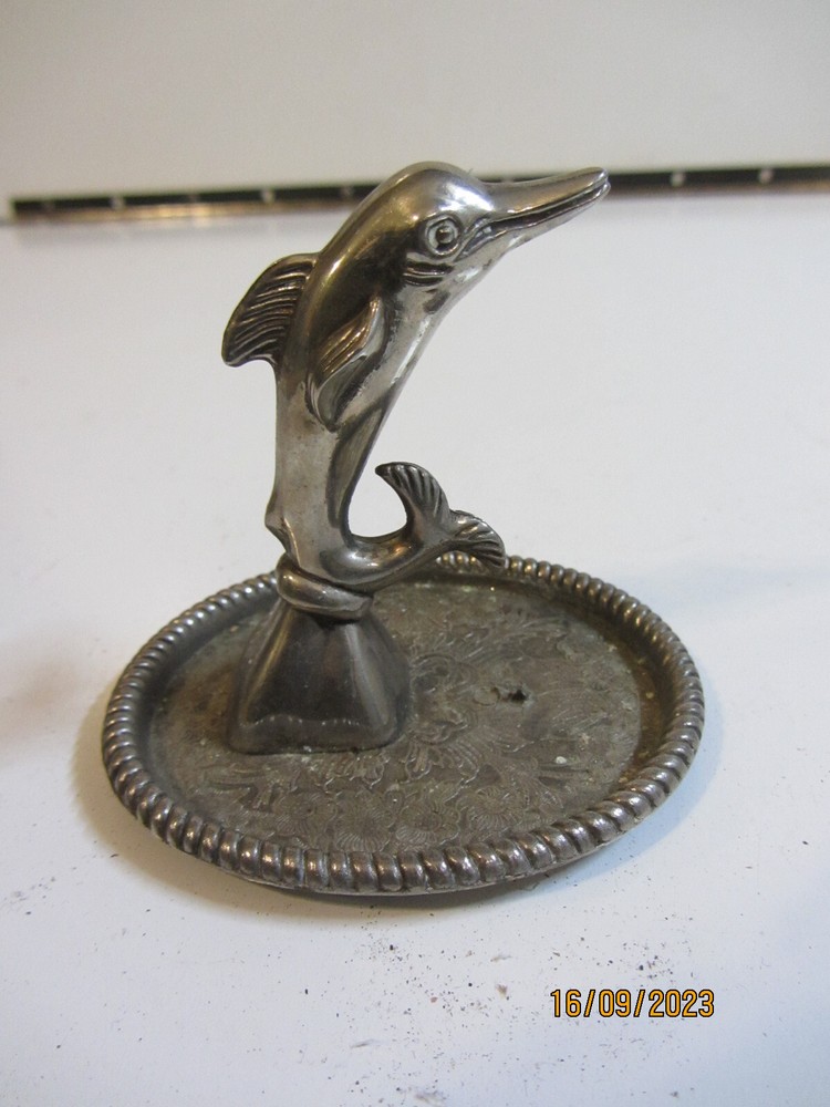 Vintage Silverplate Dolphin Ring Holder Jewelry Trinket Dish Tray 3-1/8" Tall