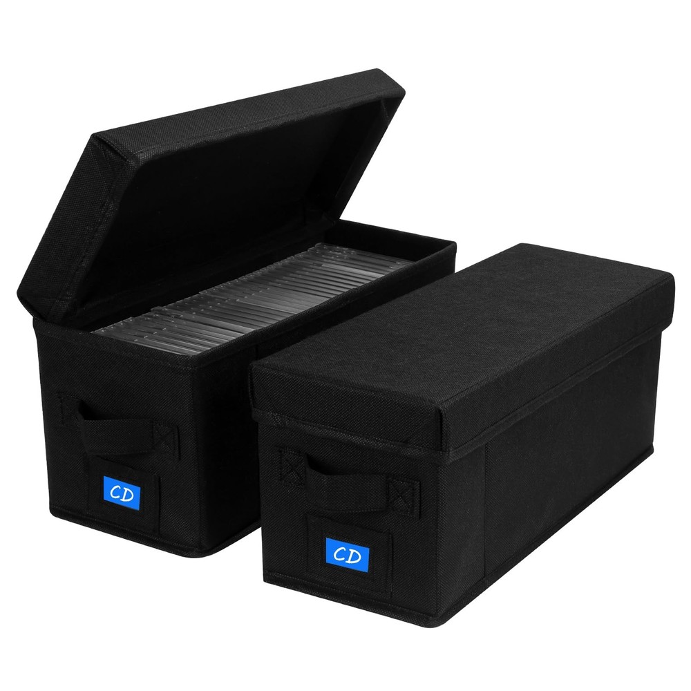 2 Pack CD Storage Box Case Holder w/ Handles and Lid, Stackable CD Organizer Box