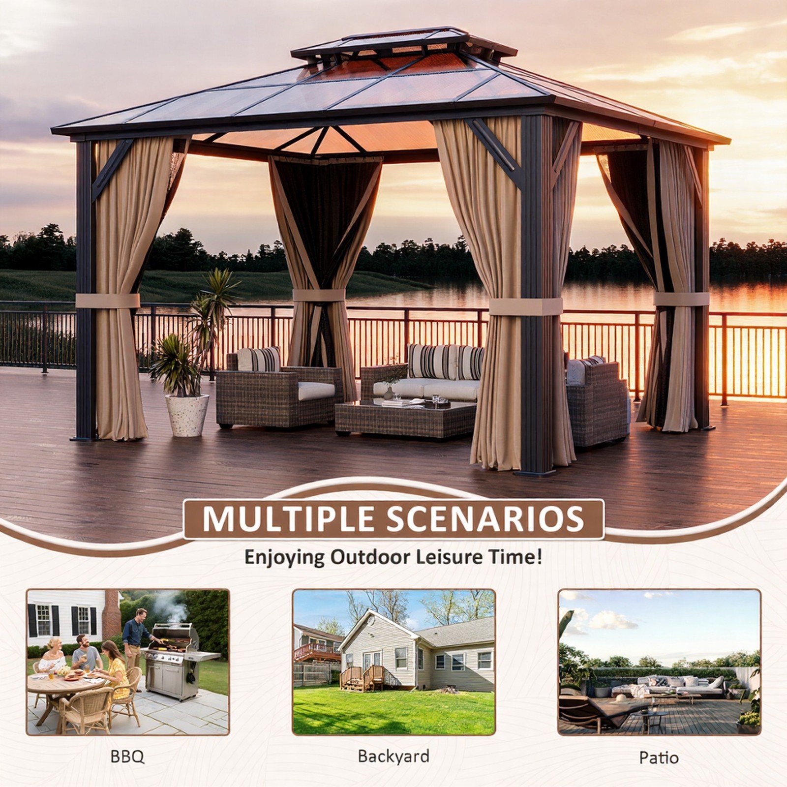 10 ft. x 12 ft. Outdoor Polycarbonate Double Roof Gazebo with Aluminum Frame