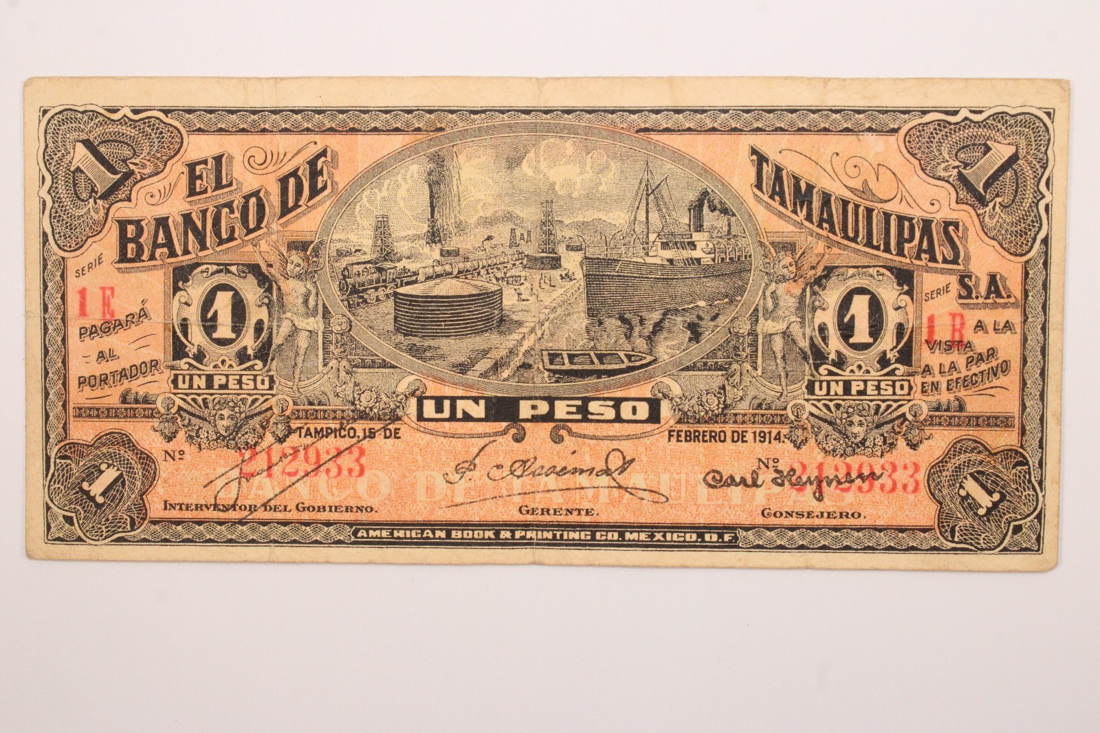 Banco De Tamaulipas Mexico Scarce 1914 1 Peso Note. #0516