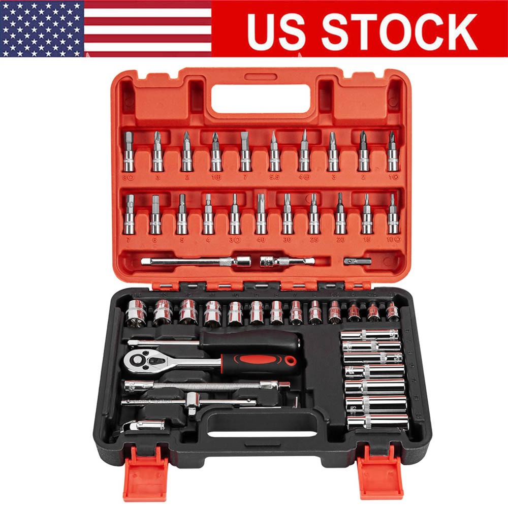 53 Pcs Socket Set 1/4" Drive Socket & Ratchet Set 6-Point SAE & Metric Tool Set