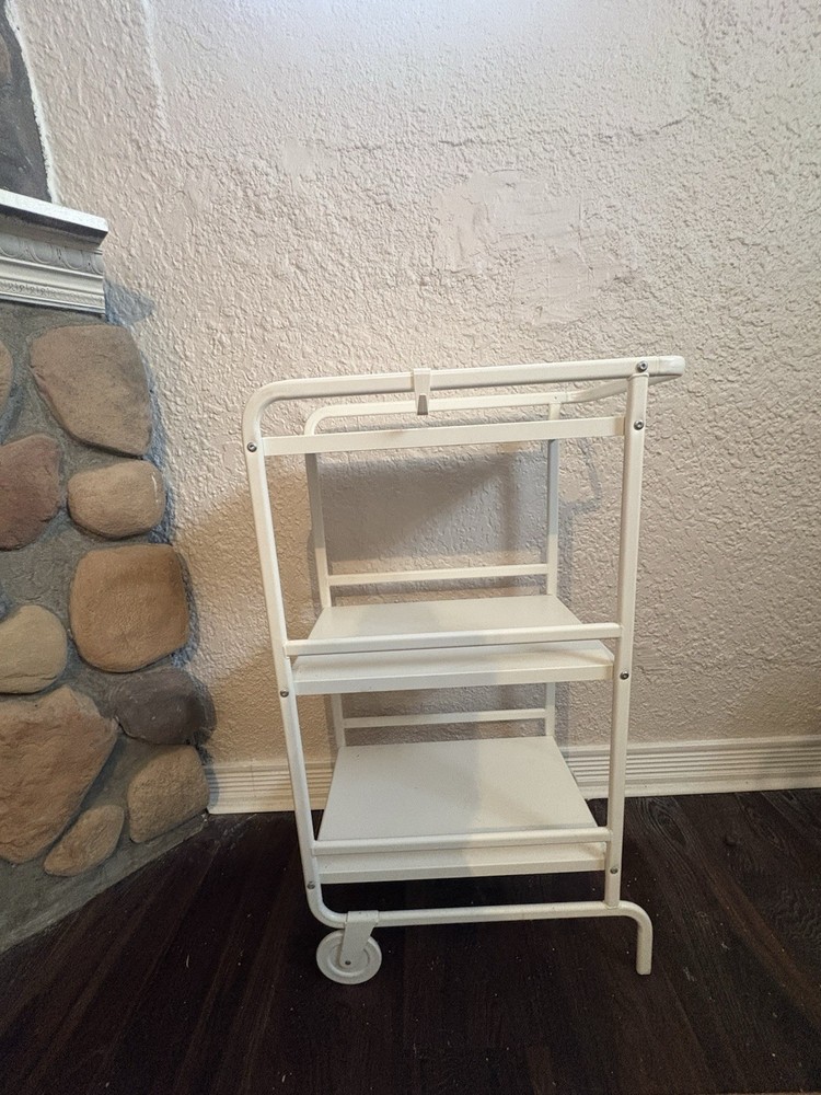 White Metal 3-Shelf Wheeled Rectangular Serving Cart for Dining Room Kitchen