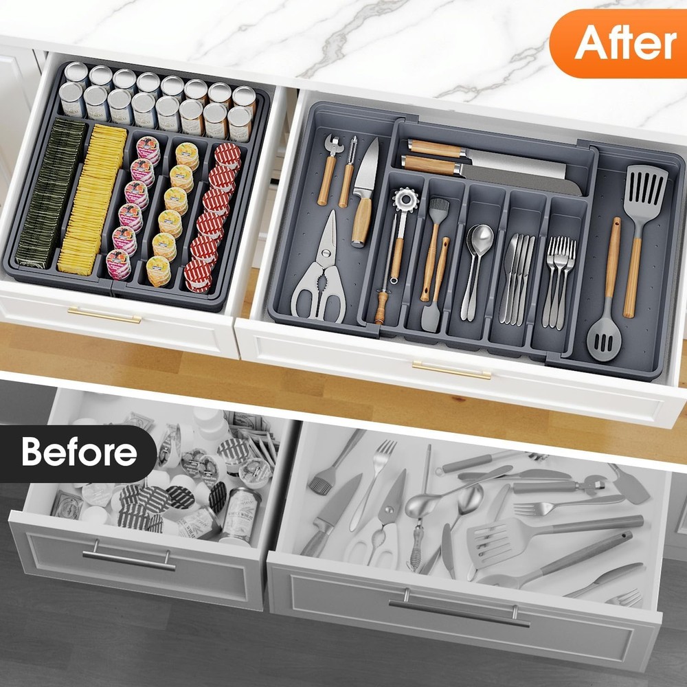 SpaceHacks Silverware Organizer，Adjustable & Expandable Utensil Large, Grey