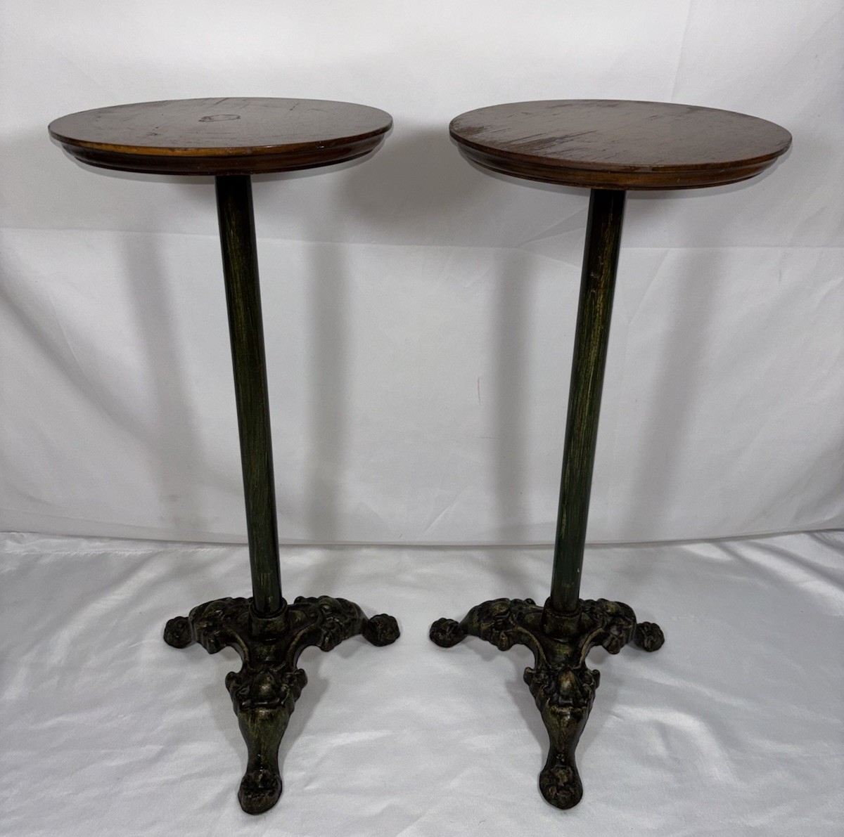 Antique Vintage Painted Green Cast Iron & Walnut? Wood Top Pedestal Plant Stand