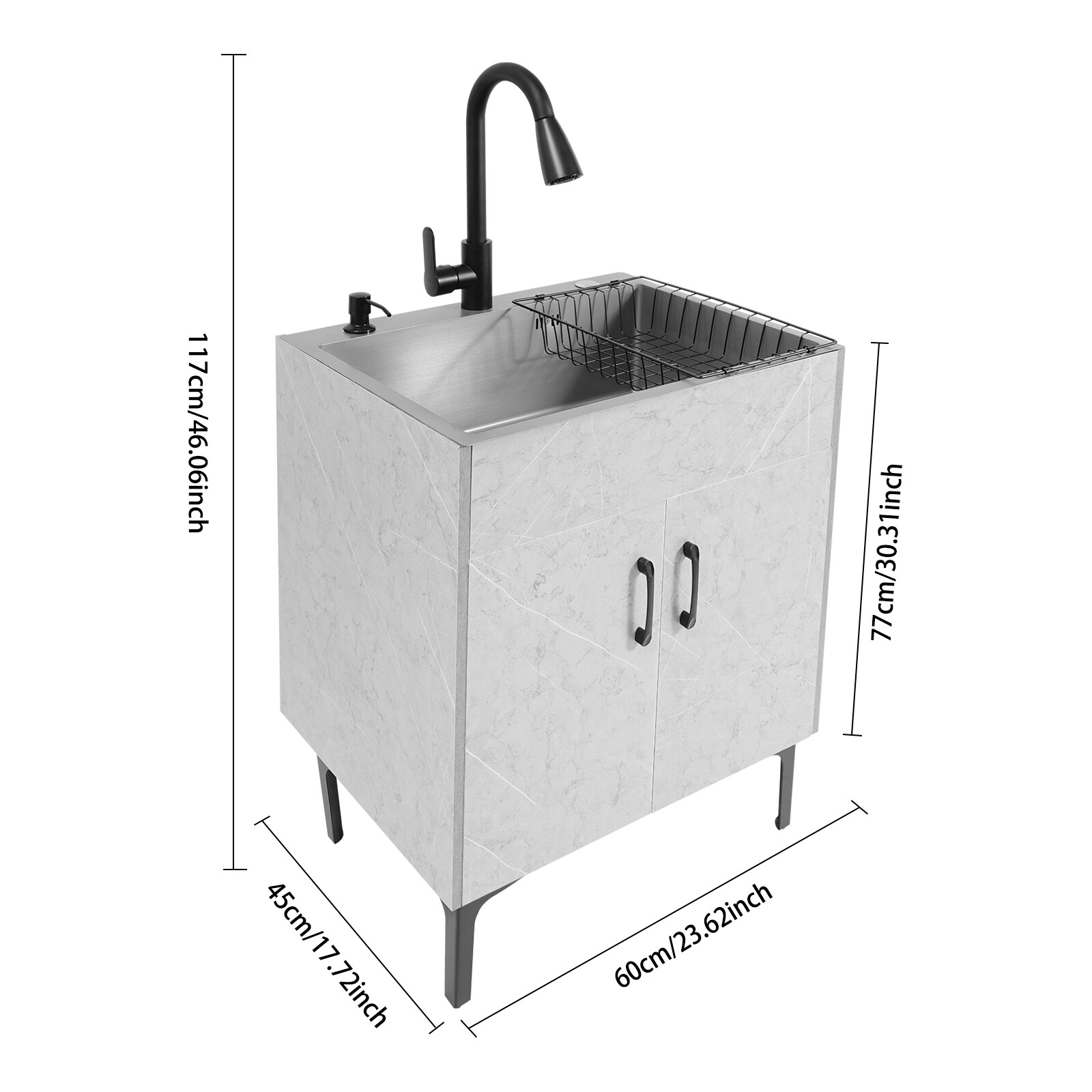 Gray Laundry Stainless Steel Sink with Cabinet + PDraining Basket+Faucet