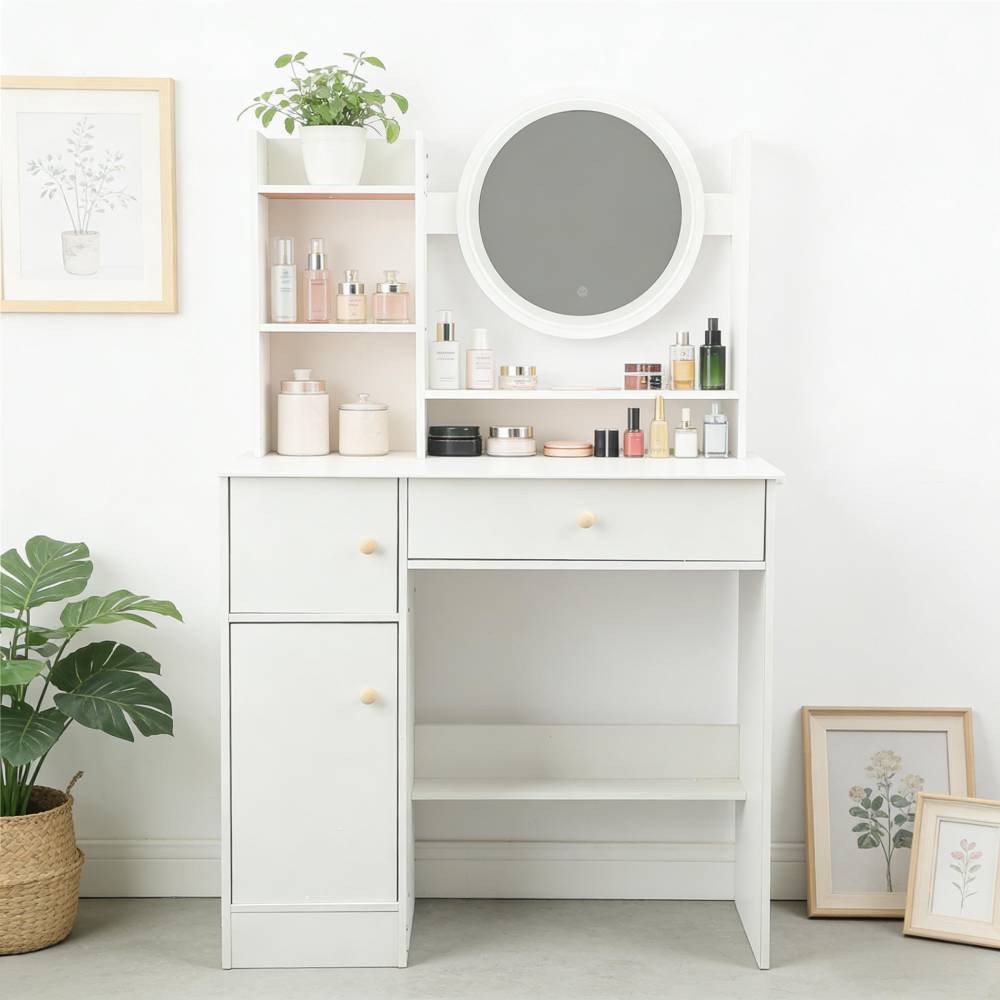 White Vanity Desk with Lights and Mirror Makeup Table Multifunction with Drawer