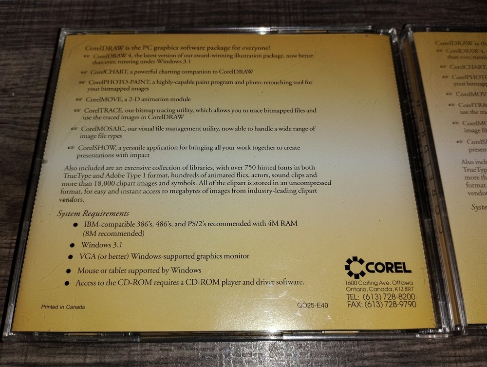 CorelDRAW 4 PC CD-ROM 2-disc Set 1993 Corel Corp. for Windows 3.1 Full Retail
