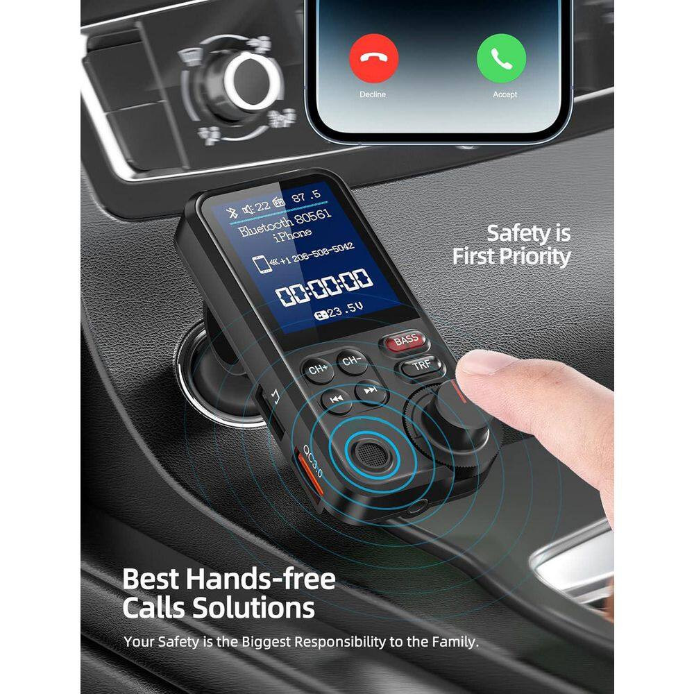 Bluetooth FM Transmitter Car Adapter with Microphone and 1.8 Screen for QC3. 0 C