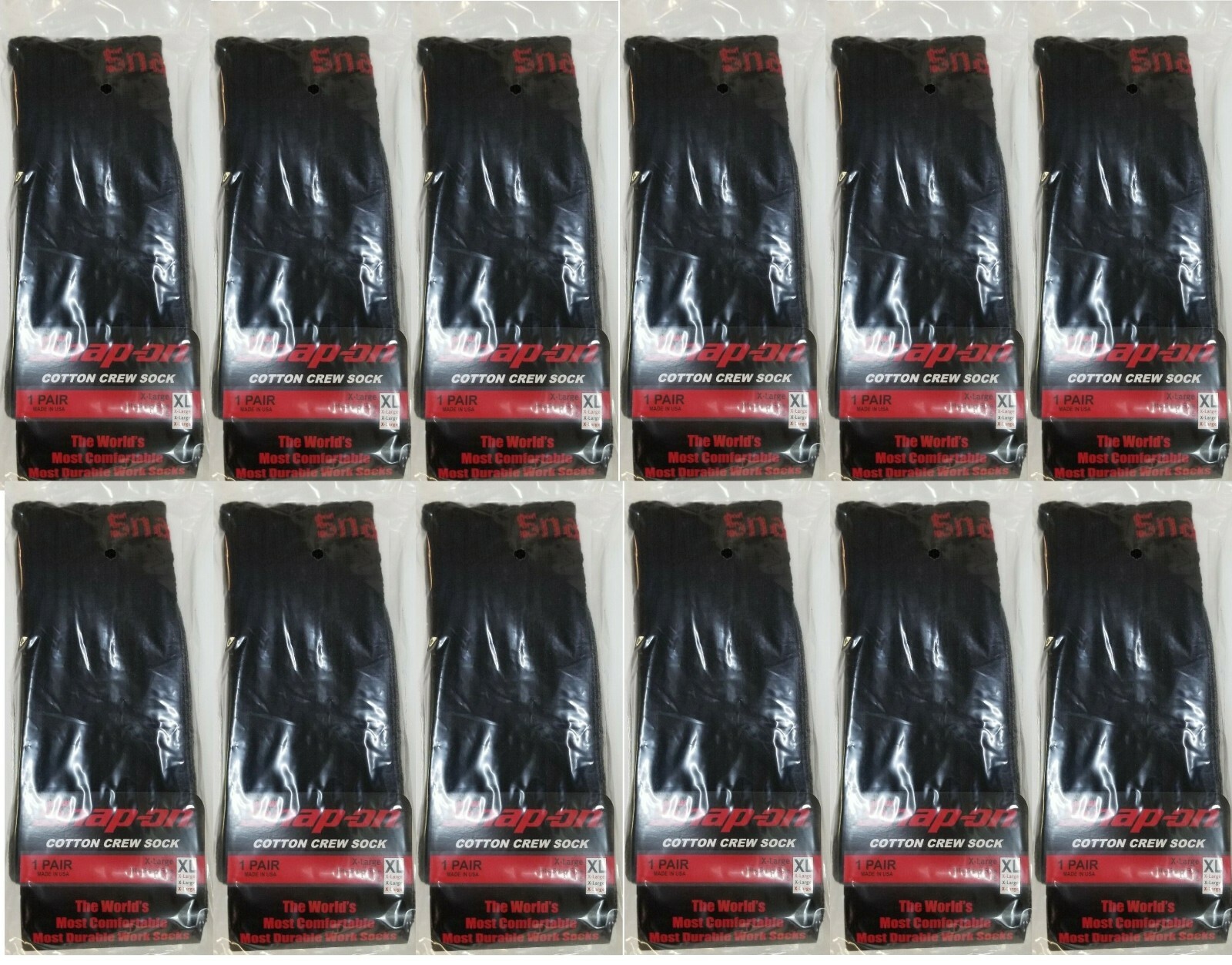 12 PAIRS Men's BLACK Snap-On Crew Socks X-LARGE *FREE SHIPPING* MADE IN USA *NEW