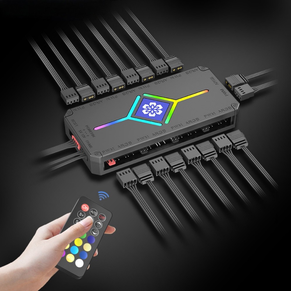 9 Port ARGB Controller with Remote & Sync Cable 3A Power for PC Fan Lighting
