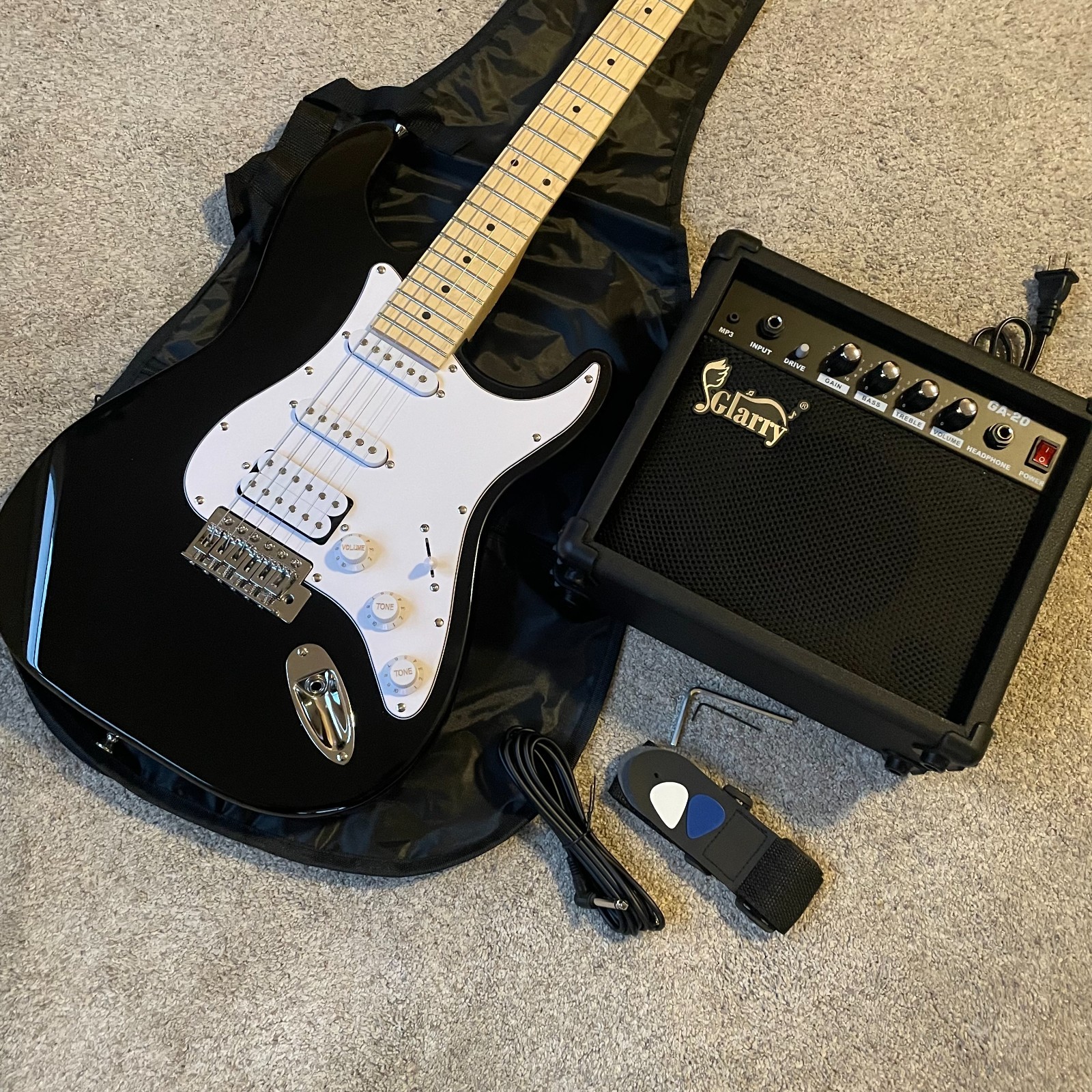 Full-Size Black Electric Guitar Starter Package with 20-Watt Amp, HSS Pickups