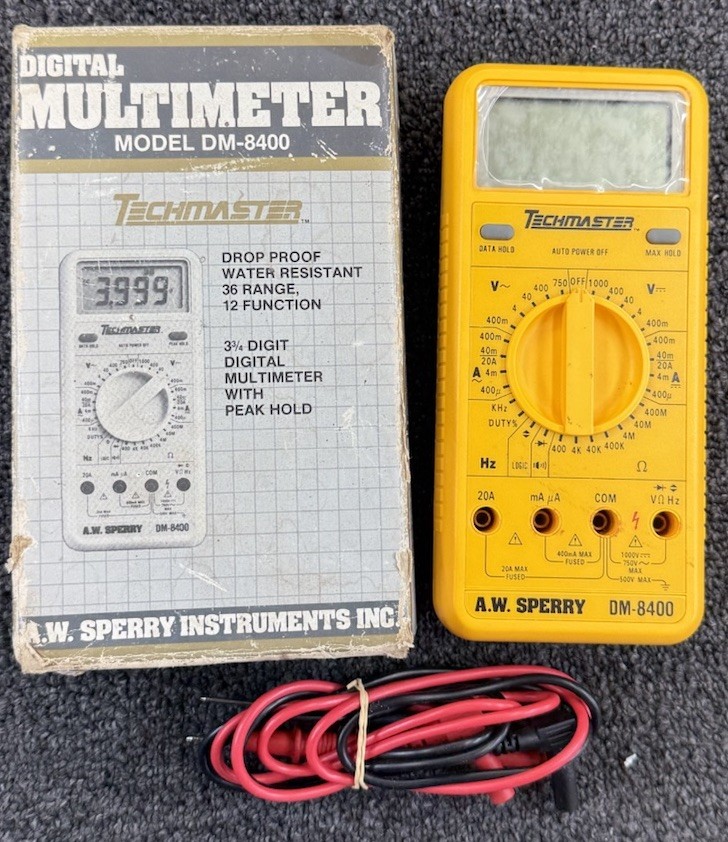 Techmaster DM-8400 Digital Multimeter A.W. Sperry Leads & Box Untested Vintage