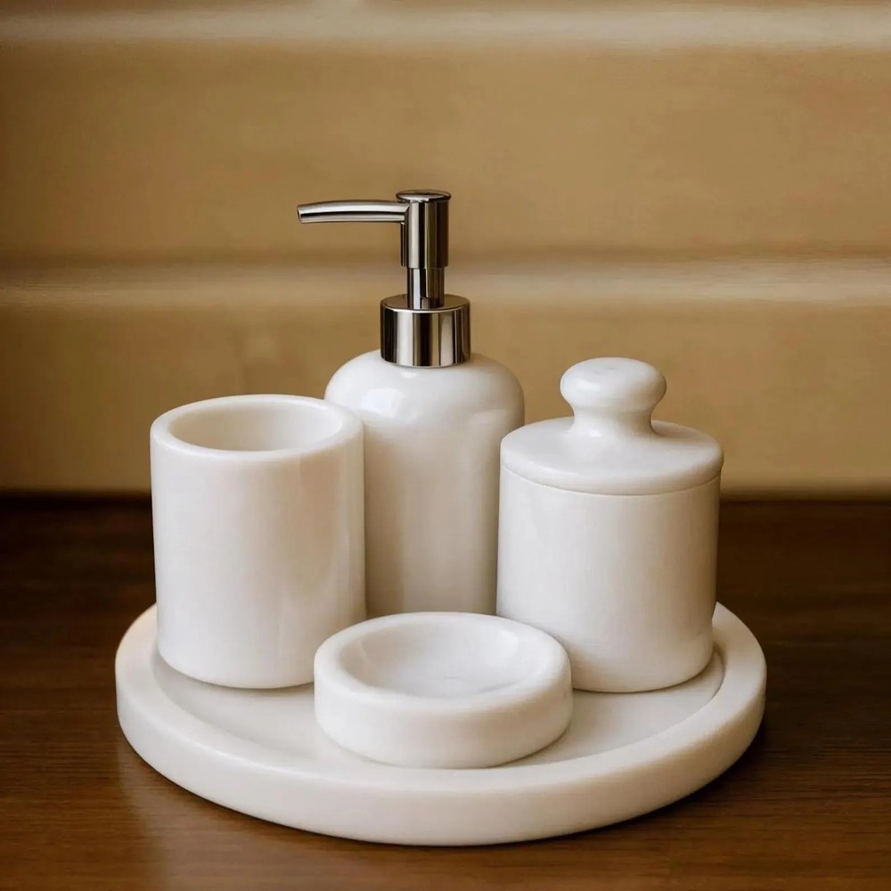 5 - Piece White marble bathroom accessories set
