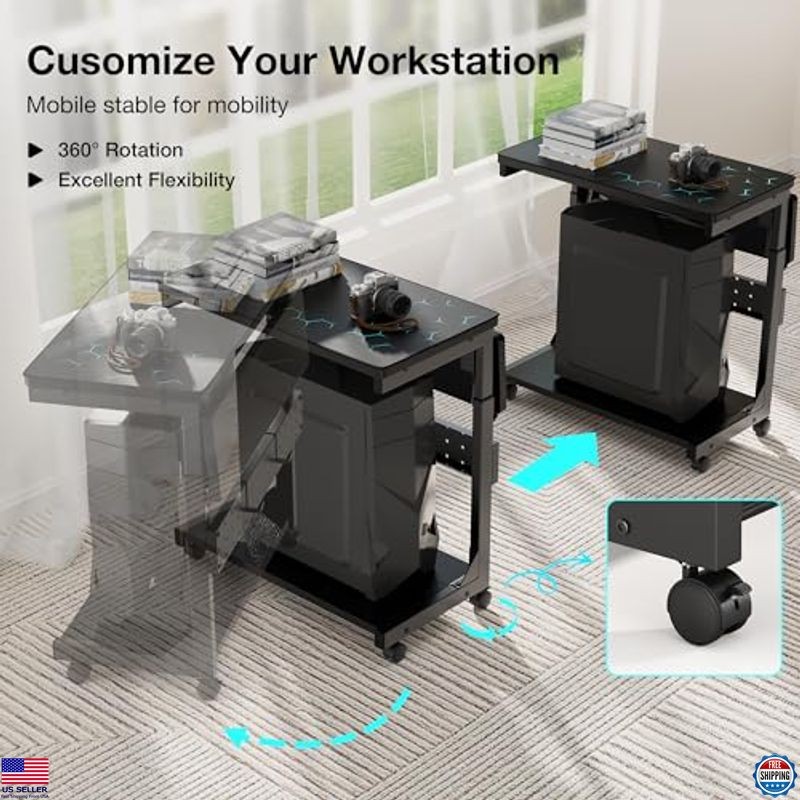 Height-Adjustable 2-Tier Computer Tower Stand with Rolling Wheels & Mouse Pad