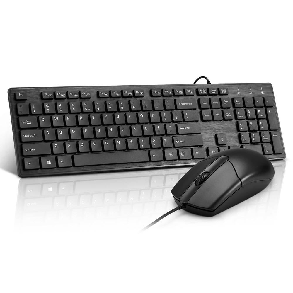 Black Wired Ergonomic Keyboard Optical Mouse Combo FullSize USB Desktop