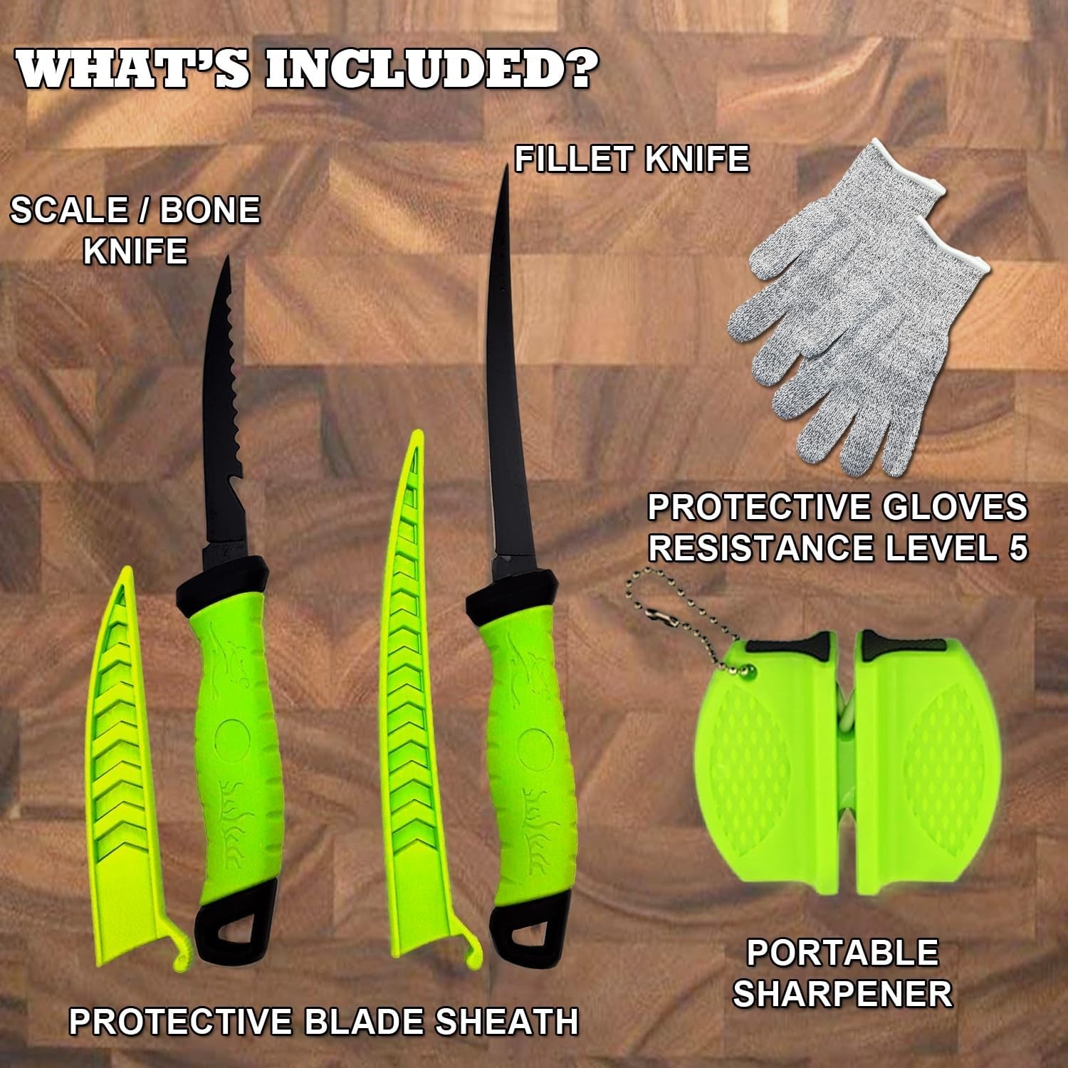 Fish Fillet Knife Set w/ Stainless Steel Bone Knife Sheath, Sharpener & Gloves