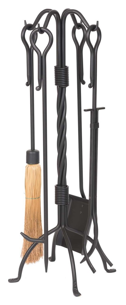 Dagan Five Piece Wrought Iron Fireplace Tool Set, Black