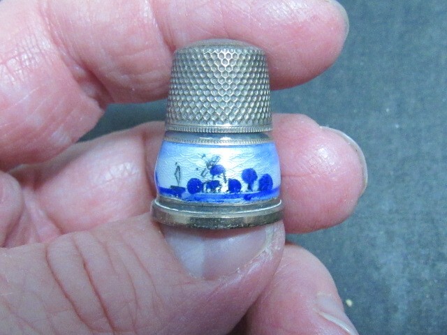 Enamel & Sterling Silver Thimble - Windmill Scene
