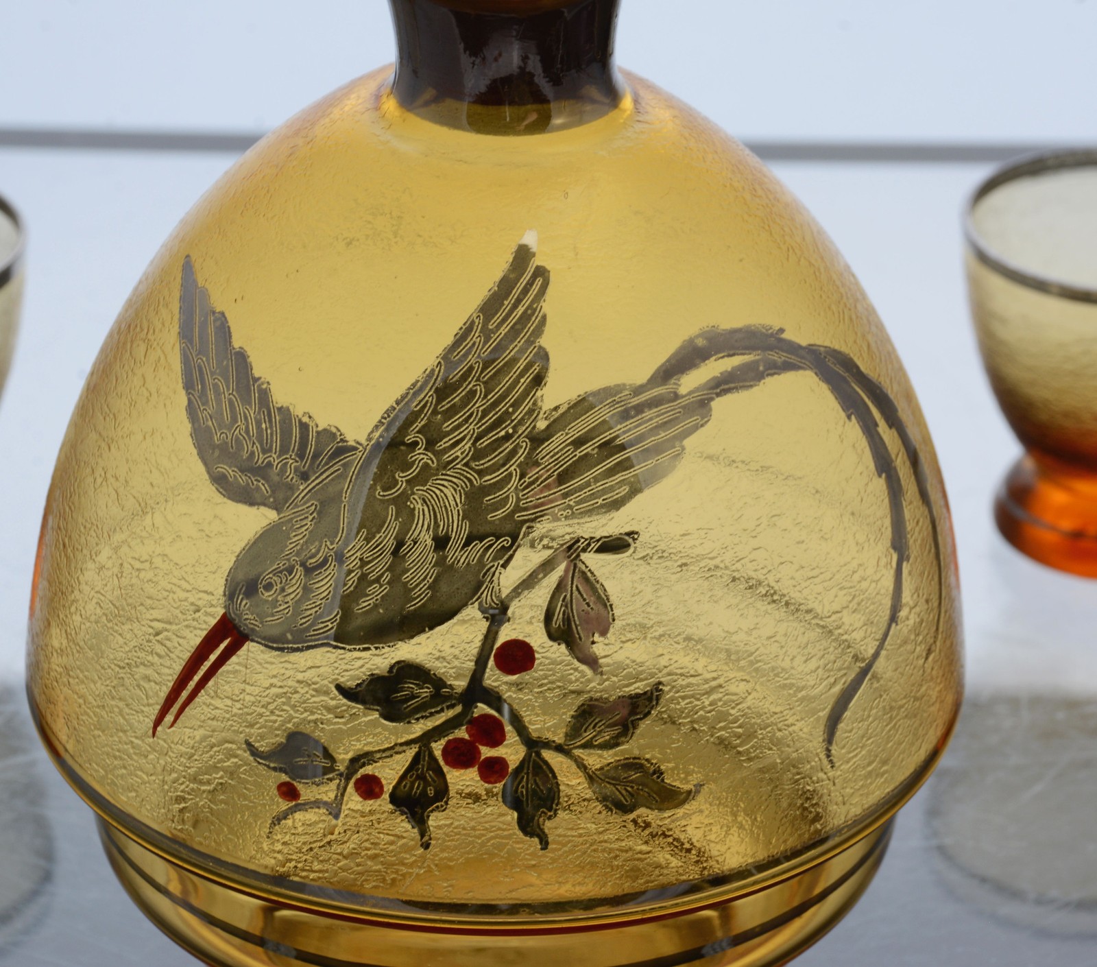 Czecho Slovakian Silver and Enameled Amber Glass Decanter Set 4 Cordials 1920s