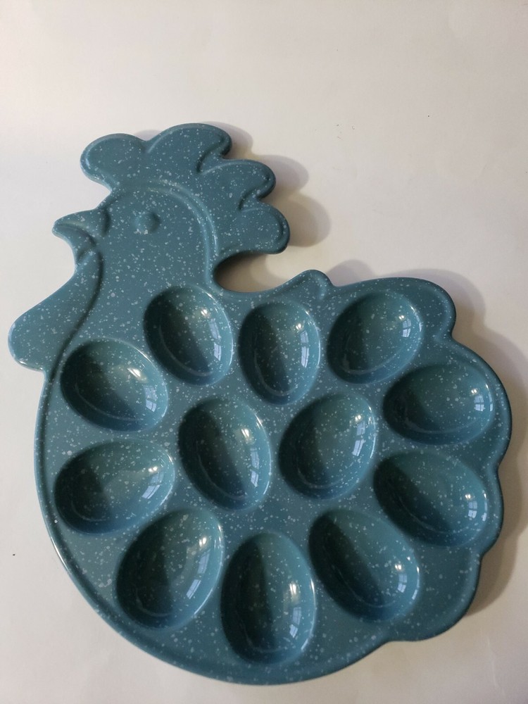 Deviled Egg Serving Dish Teal speckled  Rooster 12 Ceramic tray