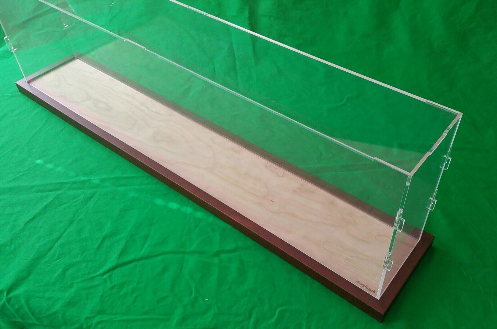29"L x 11"W x 7"H display case with 3/16" thick acrylic brown wood frame base