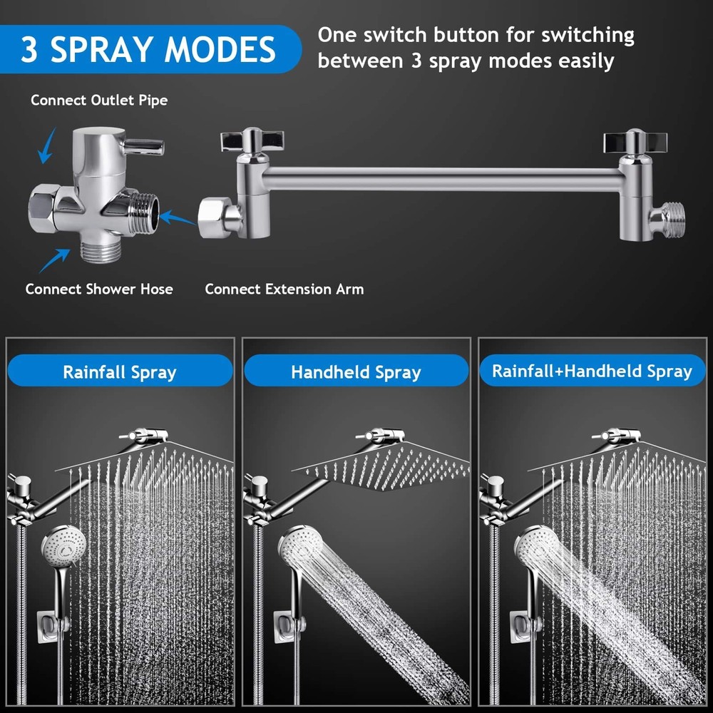 PinWin Modern 12" Large Square Rain Showerhead Set, Chrome