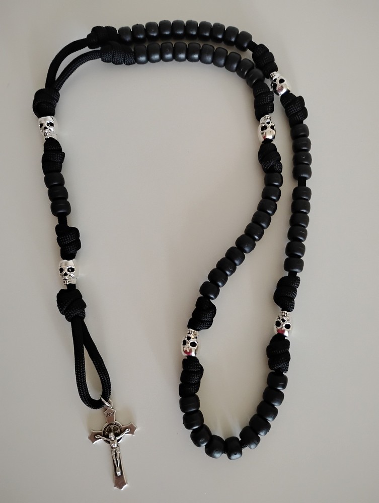 Silver Skull & Black Matte Rosary Beads Paracord St Benedict Medal Crucifix