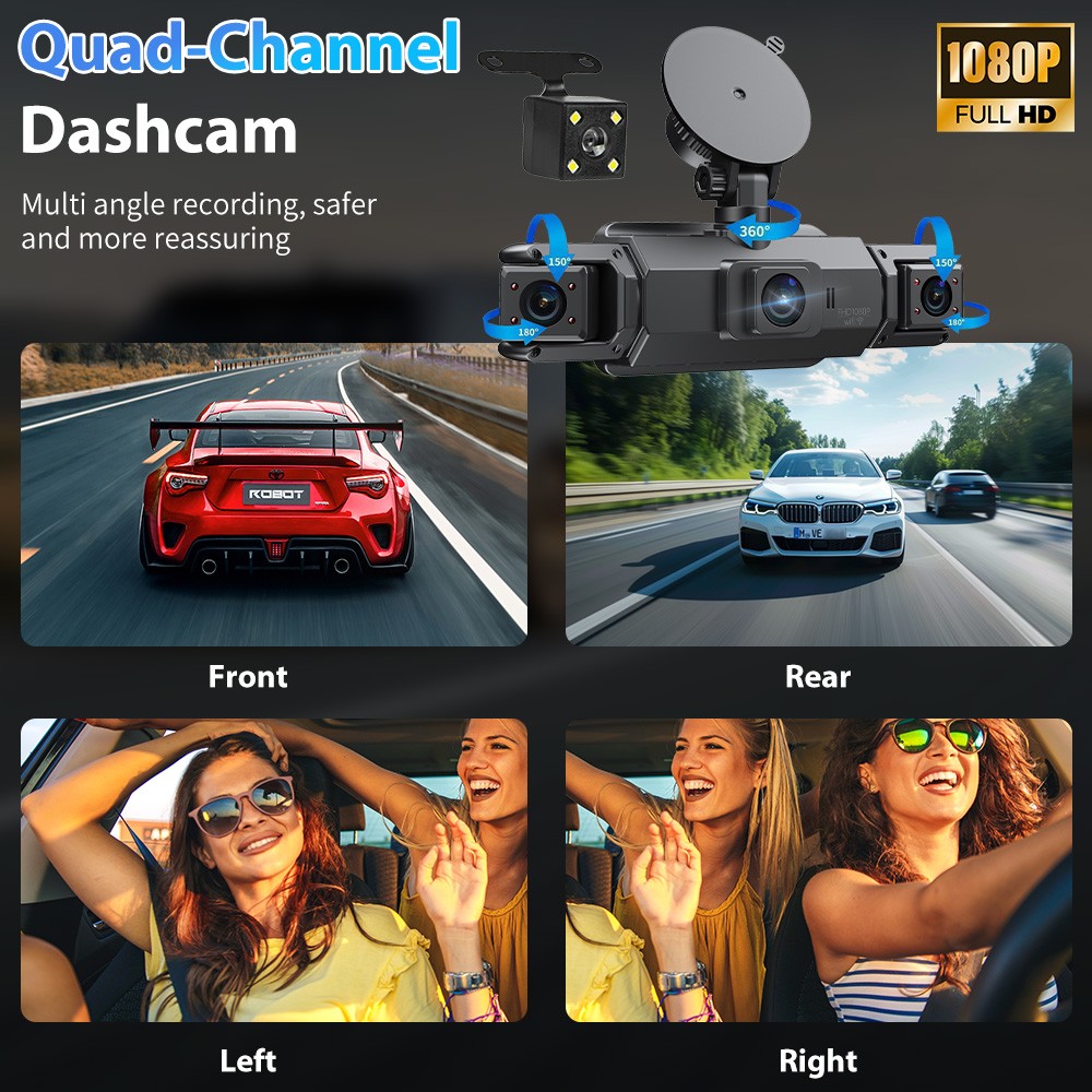 4 Channel Dash Cam 4k Car Camera 360 View WiFi Front Rear Inside Left Right 64GB