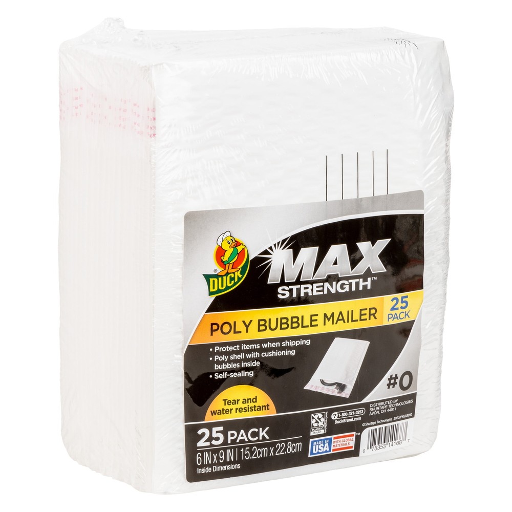 Duck Max Strength Self-Sealing Poly Bubble Mailer, 6" x 9", Solid White, 25 Pack