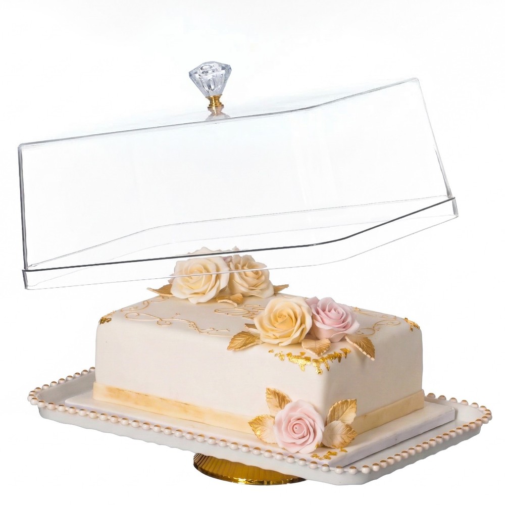 New Basicwise Plastic Cake Stand with Clear Flat-Top Cover and Gold Handles