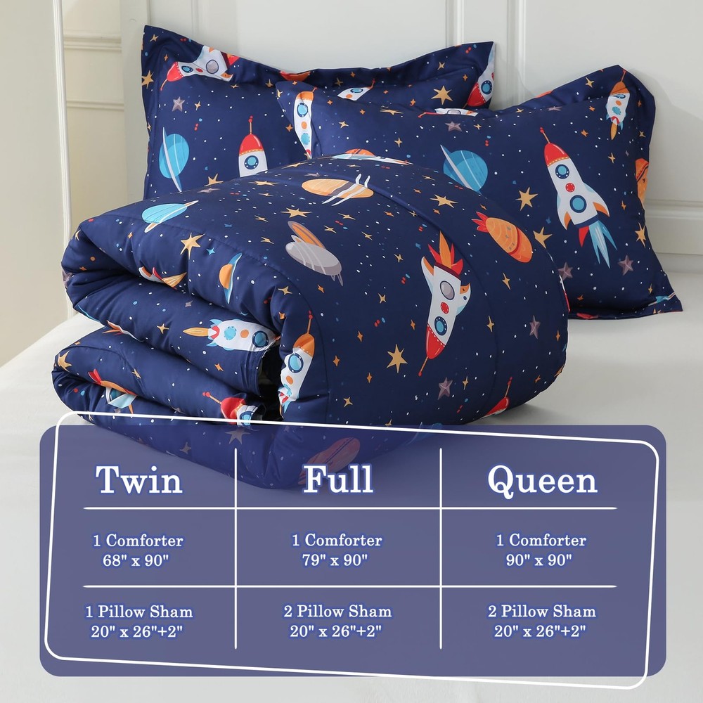 Boys Comforter Set Full Size Bedding Sets Space Rocket Comforter with 2 Pillo...