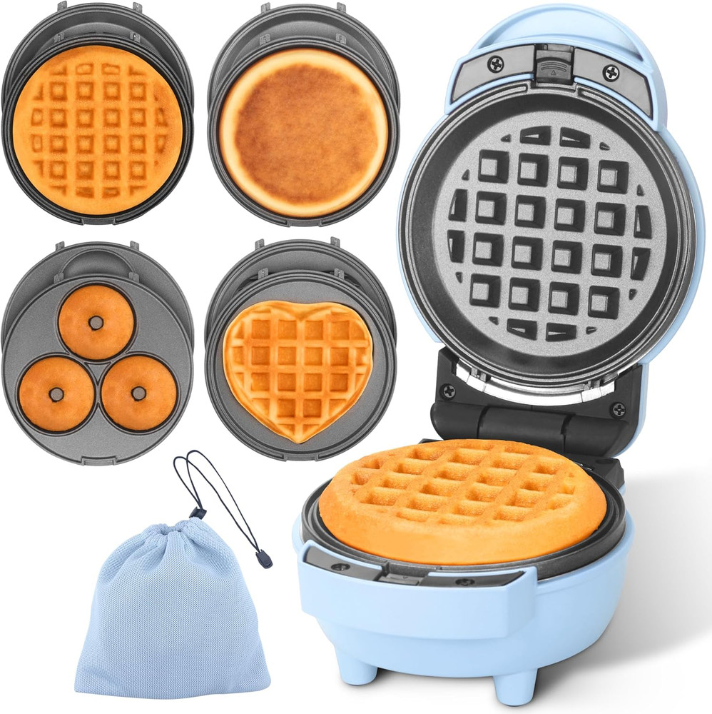 4 in 1 Mini Waffle Maker with Removable Plates, Set Includes Mini Pancake, Donut