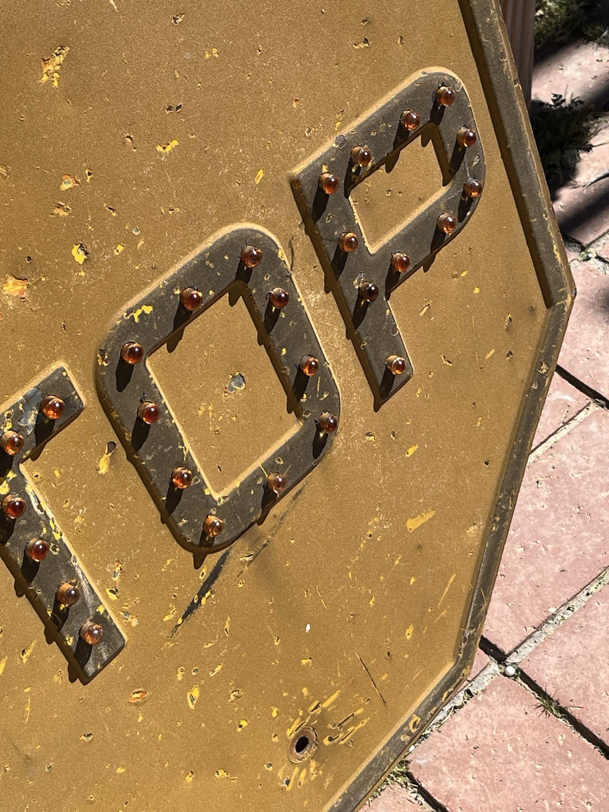 Vintage Early Yellow Stop Sign Embossed Steel Heavy 24" × 24" Cat Eyes