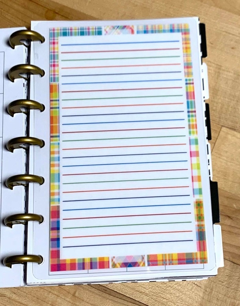 Lined Notes Lists Plaid 2 Sided Dashboard Insert for use with Mini Happy Planner
