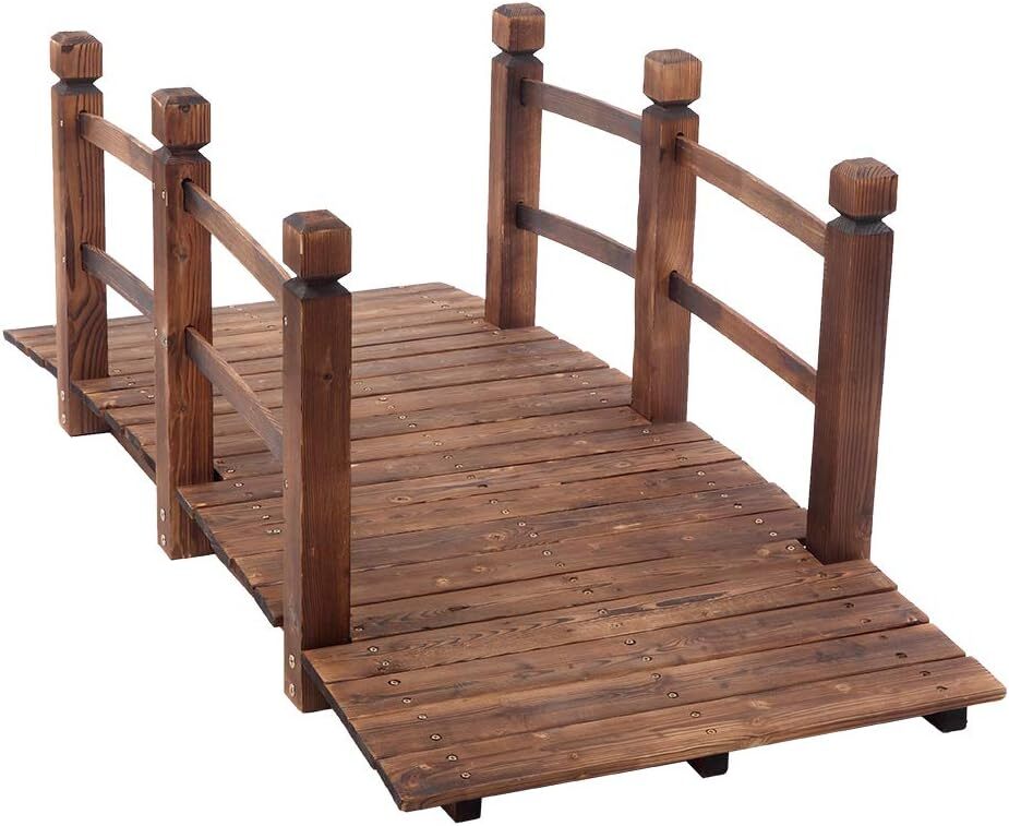 5 ft Garden Wooden Bridge Arch Stained Finish w/Safety Rails Outdoor Footbridge