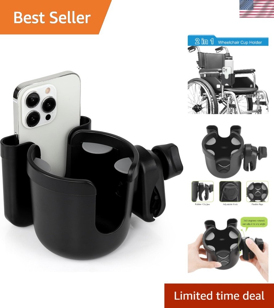 Adjustable Walker & Wheelchair Cup Holder with Phone Holder - Spill-Proof Design