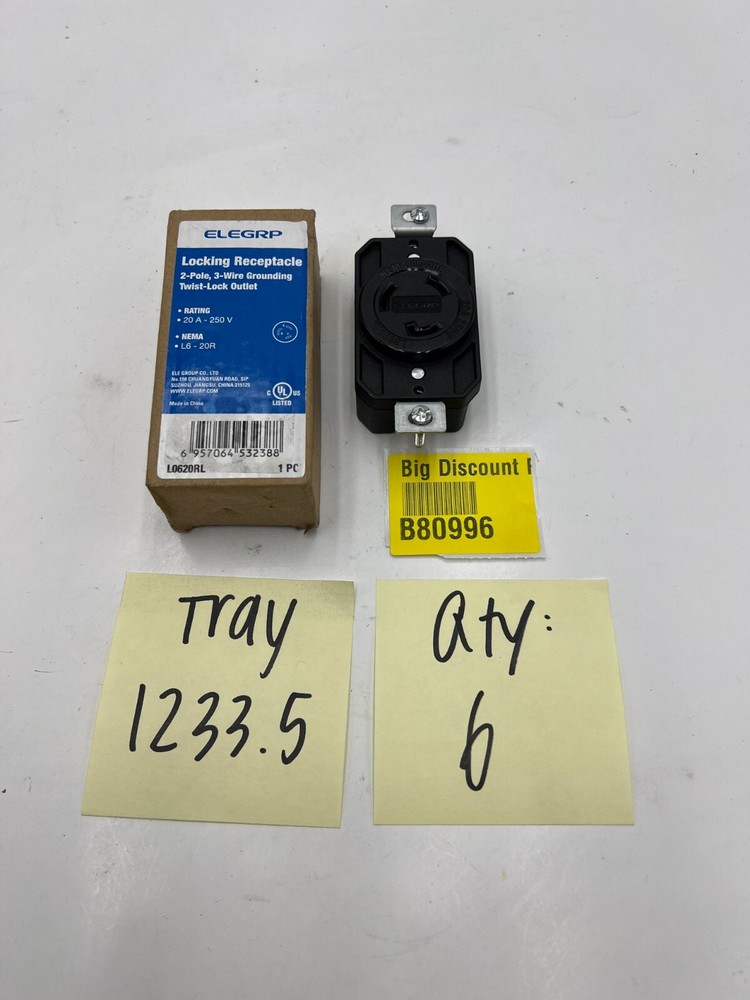 (QTY 6) Elegrp Locking Outlet, 2-Pole, 3-Wire Grounding 0620RL