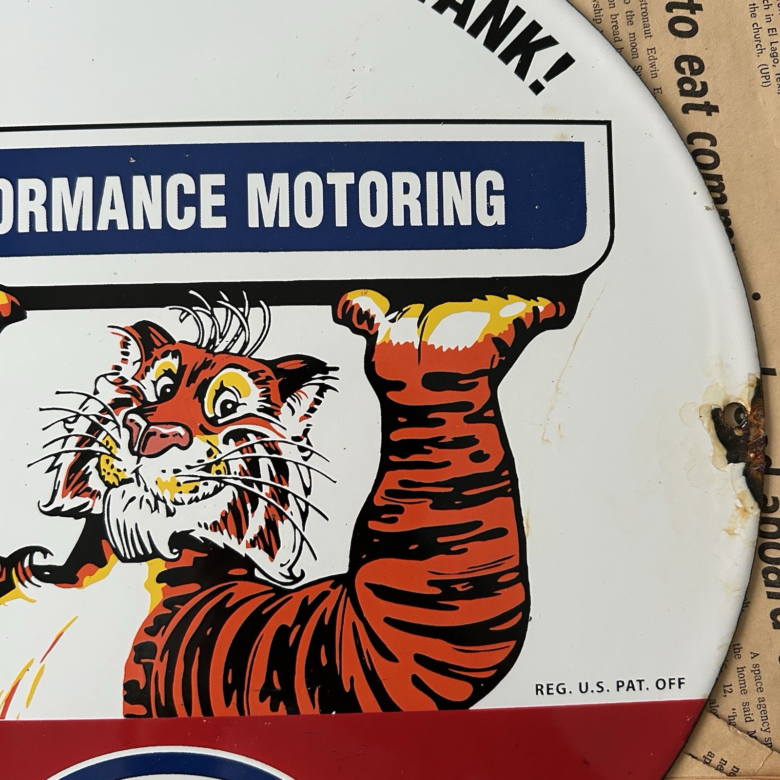 VINTAGE 1962 ESSO TIGER PERFORMANCE MOTORING 12 INCH PORCELAIN ENAMEL SIGN