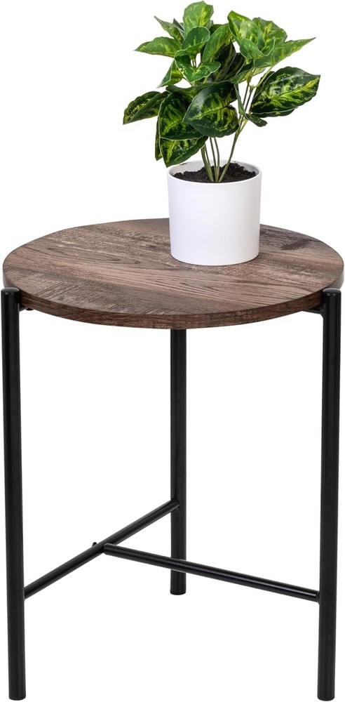 Round Side Table Accent End Table W/ Steel Frame Walnut