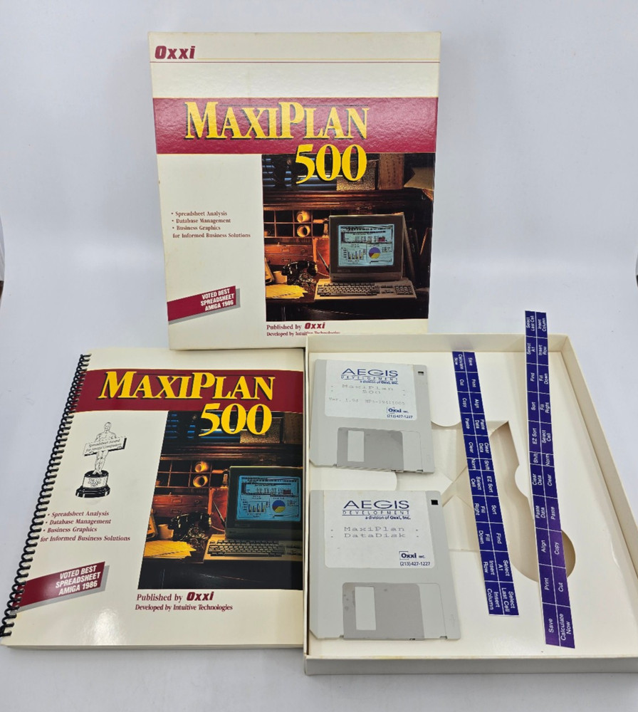 Vintage Amiga MaxiPlan 500 Spreadsheet Software CIB Complete Oxxi Aegis 2 Disk