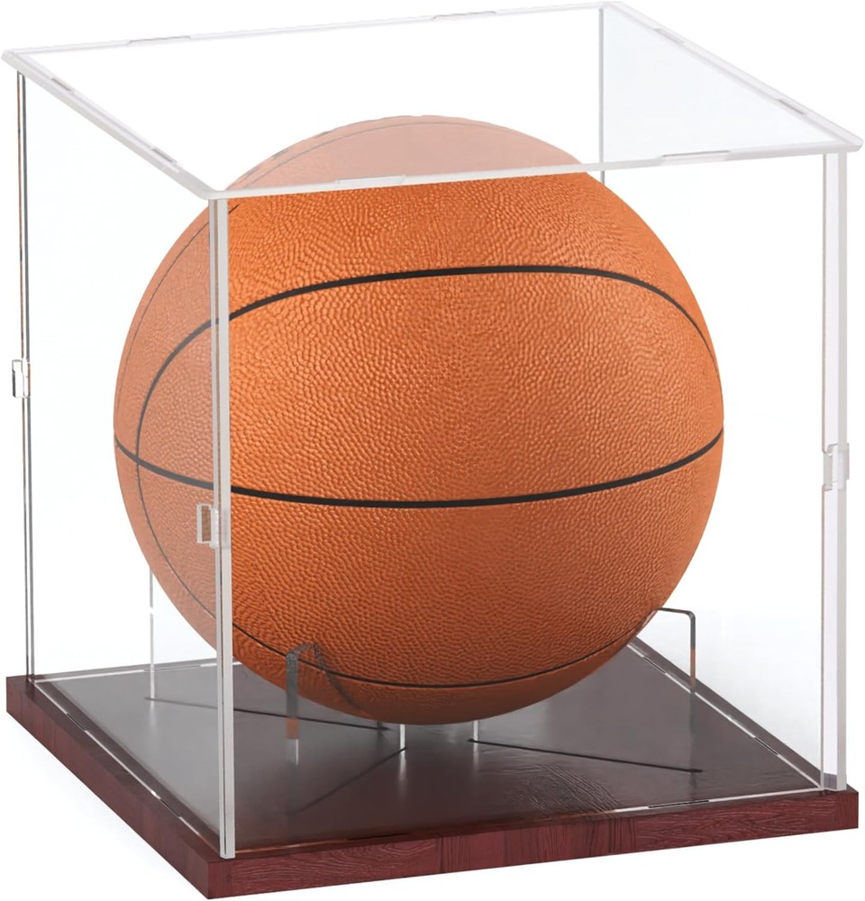Basketball Display Case Acrylic Clear, UV Protected Stand Walnut