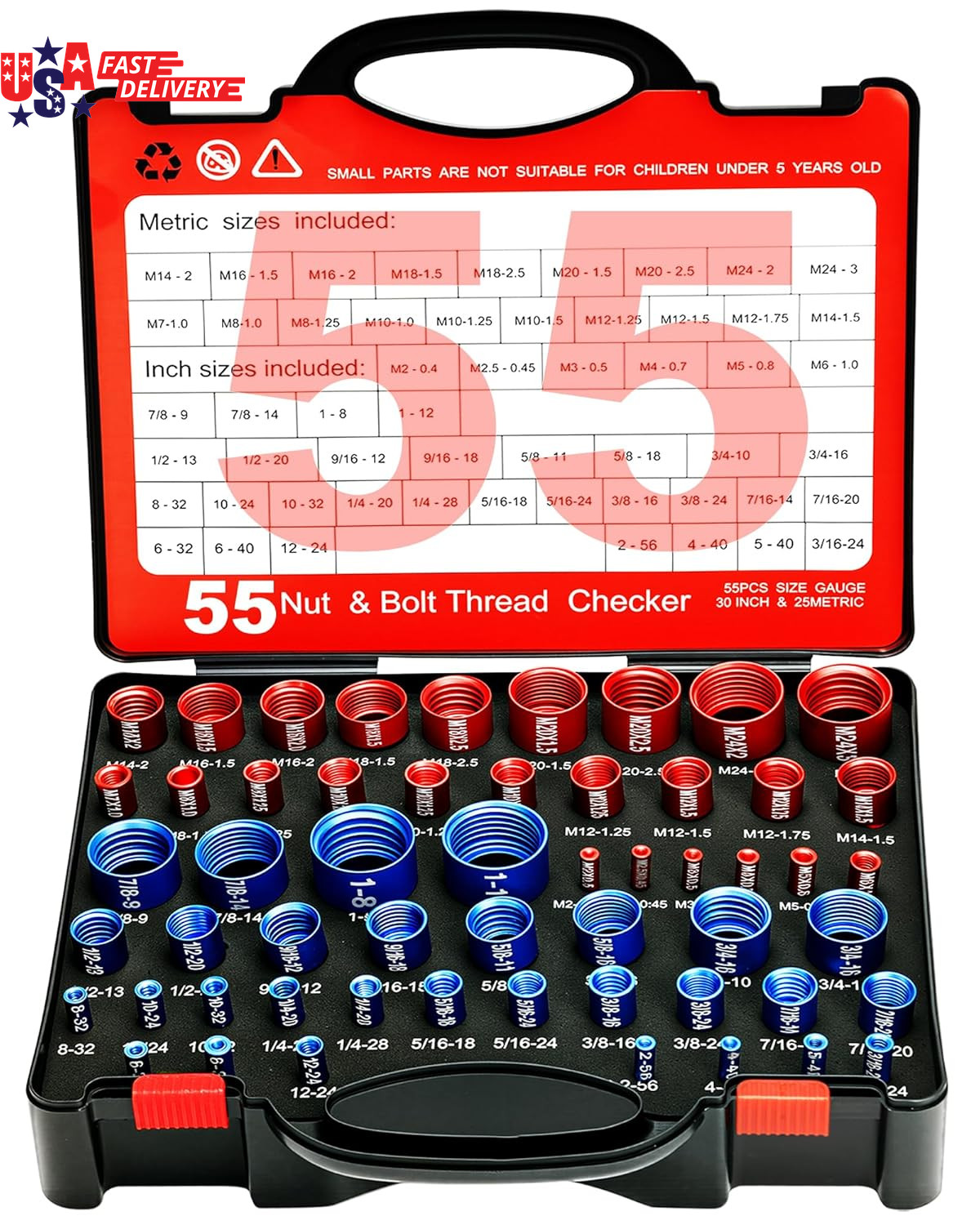 55Pcs Nut and Bolt Thread Checker 25 Metric + 30 SAE Inch Thread Gauge Set, Deta