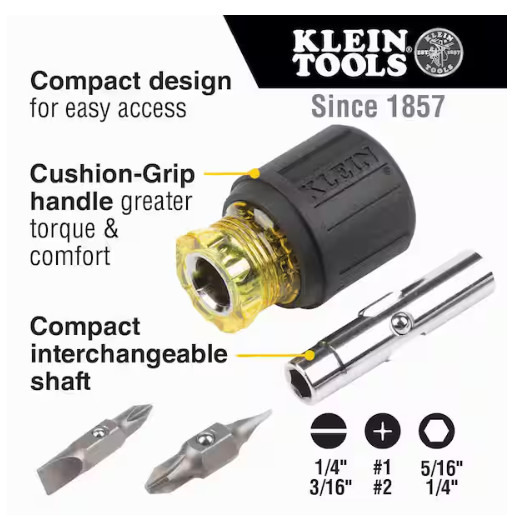 Klein Tools Stubby Multi-Bit Screwdriver/Nut Driver- Cushion Grip Handle