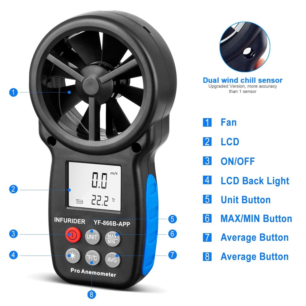 Digital Wireless Anemometer with APP via Bluetooth, Handheld Wind Speed Meter...